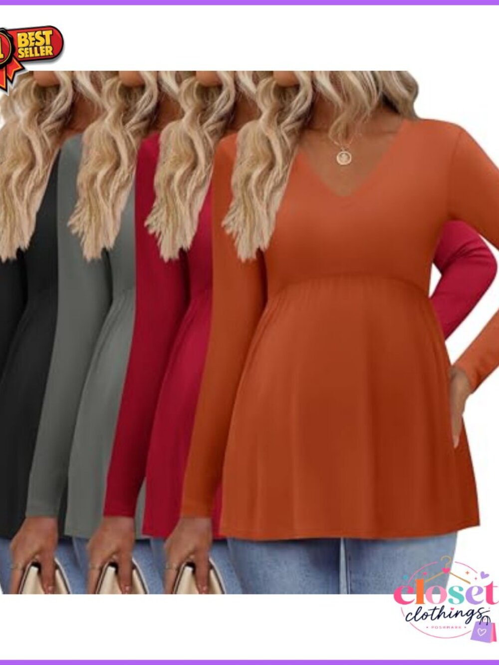 Maternity V-Neck Long Sleeve Shirts 4 Pack Fall Pregnancy Tops